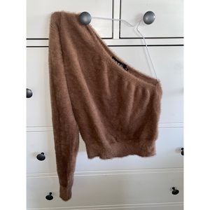 Motel Rocks one sleeve fuzzy brown slightly cropped brown sweater top size XL